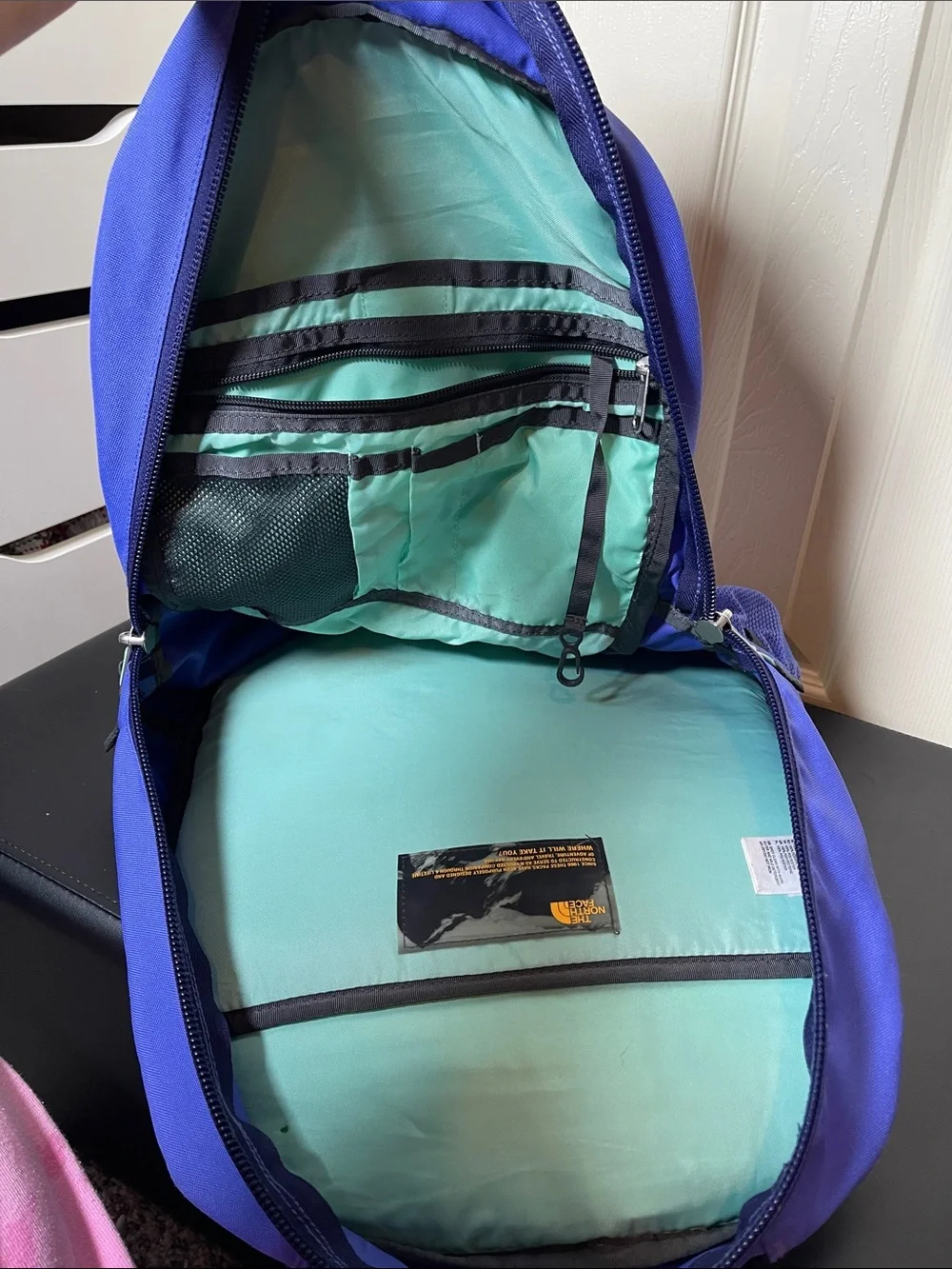 The North Face Blue and Navy Backpack with Mint Accents